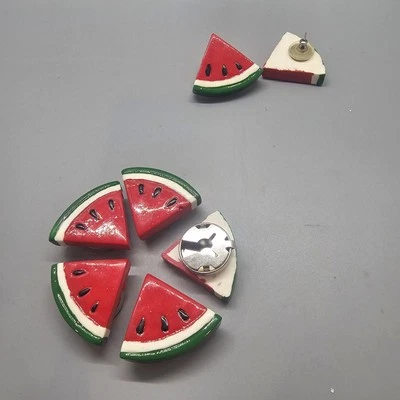 Summer Button Covers Watermelon Lot With Matching Earrings Vintage Hand Painted  - Image 1 of 3