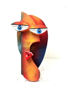 Original Joseph Derr Cubist Shape Art Wood Face Sculpture Signed - Picture 1 of 4