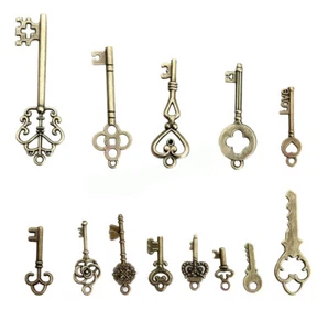 1Set Vintage Skeleton OLD LOCK Keys Charm DIY Antique Bronze Pendant Keys - Picture 1 of 12