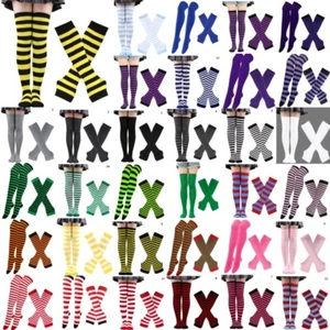 Conjunto de calcetines de punto a rayas hasta la rodilla para mujer calentador de brazos guantes sin dedos OTK - Imagen 1 de 41