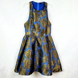 Arc & Co. Dress Women's M Blue Gold Shimmer Floral Halter Open Back Boho Hipster - Picture 1 of 12