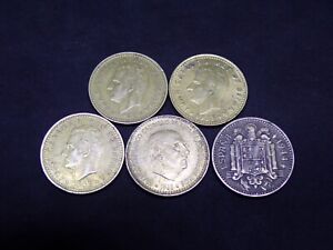 Stare hiszpańskie monety 5 x jedna peseta monety Hiszpania jak na zdjęciu - partia 05