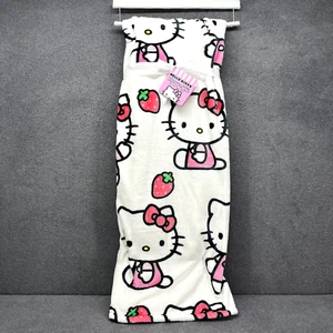 Hello Kitty Blanket White & Pink Logo Strawberry Super Soft Throw 50" X 70" New - Picture 1 of 13