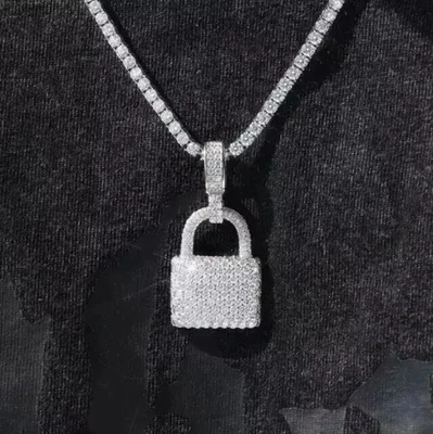 2.00 Ct Round Cut Real Moissanite Mens Lock Pendant 14K White Gold Plated Silver - Image 1 of 4