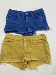 7 for all Mankind Girls Size 10 Lot of 2 Shortie Shorts Blue Yellow Distressed - Picture 1 of 4