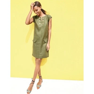 Vestido J.Crew 100 % lino verde oliva sin mangas bolsillos ojales dorados talla 4 Foto 1 de 4