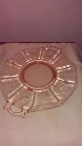 Floral Etched Pink Decagon Depression Cake Cookie Serving Plate w/ Handles - Picture 1 of 2