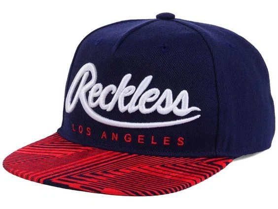 Young and Reckless Los Angeles Navy Blue Red Script Washed Snapback Cap Hat