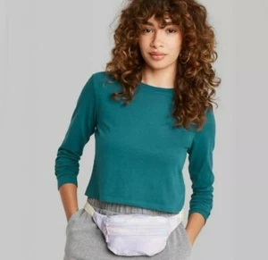 NWT Women's Long Sleeve T-Shirt - Wild Fable Botanical Blue Teal Sizes XS,S,M,L - Picture 1 of 1