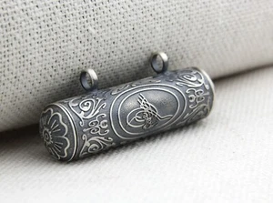 Turkish 925K Silver Amulet Cylinder Taweez Holder Men Pray Box Pendant Necklace - Picture 1 of 6