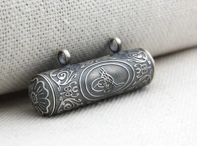 Turkish 925K Silver Amulet Cylinder Taweez Holder Men Pray Box Pendant Necklace - Image 1 of 4