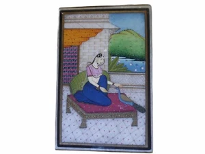 Miniature Mughal Painting On Marble Indian Woman With Peacock - Picture 1 of 6