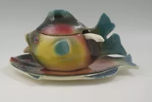 ITALY MAJOLICA FIGURAL CONDIMENT FISH SHAPE SMALL TUREEN WITH PLATE c.1940 - Picture 1 of 7