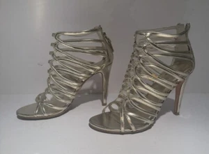 Stuart Weitzman Gold Metallic Patent Leather Gladiator Stiletto Heels ~ Size 7 M - Picture 1 of 14