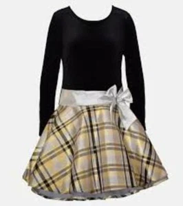 MSRP $68 Bonnie Jean Velvet Drop Waist Hipster Dress Gold and Black Size 16 - Picture 1 of 3