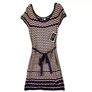 Julian Taylor NY marineblau & hellbraun Zickzack-Musterkappe Ärmel A-Linie Kleid Größe L - Bild 1 von 11