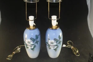 RARE SET ROYAL COPENHAGEN PORCELAIN VASE LAMP PAIR FLOWERS BUTTERFLY 19-22" ADJU - Picture 1 of 9