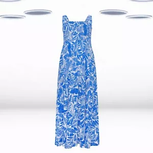 Ex Women’s Petite Size Tropical Print Shirred Strappy Sundress in Blue (Defect) - Picture 1 of 4