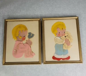 Pair Vintage Framed Handmade Felt Art Pictures Little Boy Puppy & Girl Praying  - Picture 1 of 9
