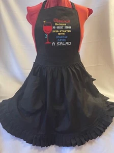 EMBROIDERED RETRO VINTAGE 50S STYLE FULL APRON / PINNY - BLACK (ALCOHOL, SALAD) - Picture 1 of 7