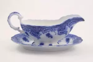 Antique Flow Blue Grindley of England Gravy Boat & Underplate~Ashburton Pattern - Picture 1 of 12