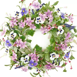 Spring Wreaths for Front Door Summer Wreath with Pansy Flower,Lamb Ear Leaves,Iv - Picture 1 of 7