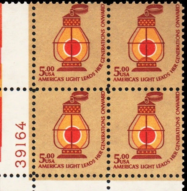 SC # 1612 $5 Lantern Plate Block of 4 Mint Never Hinged  1979 Americana Series - Image 1 of 1