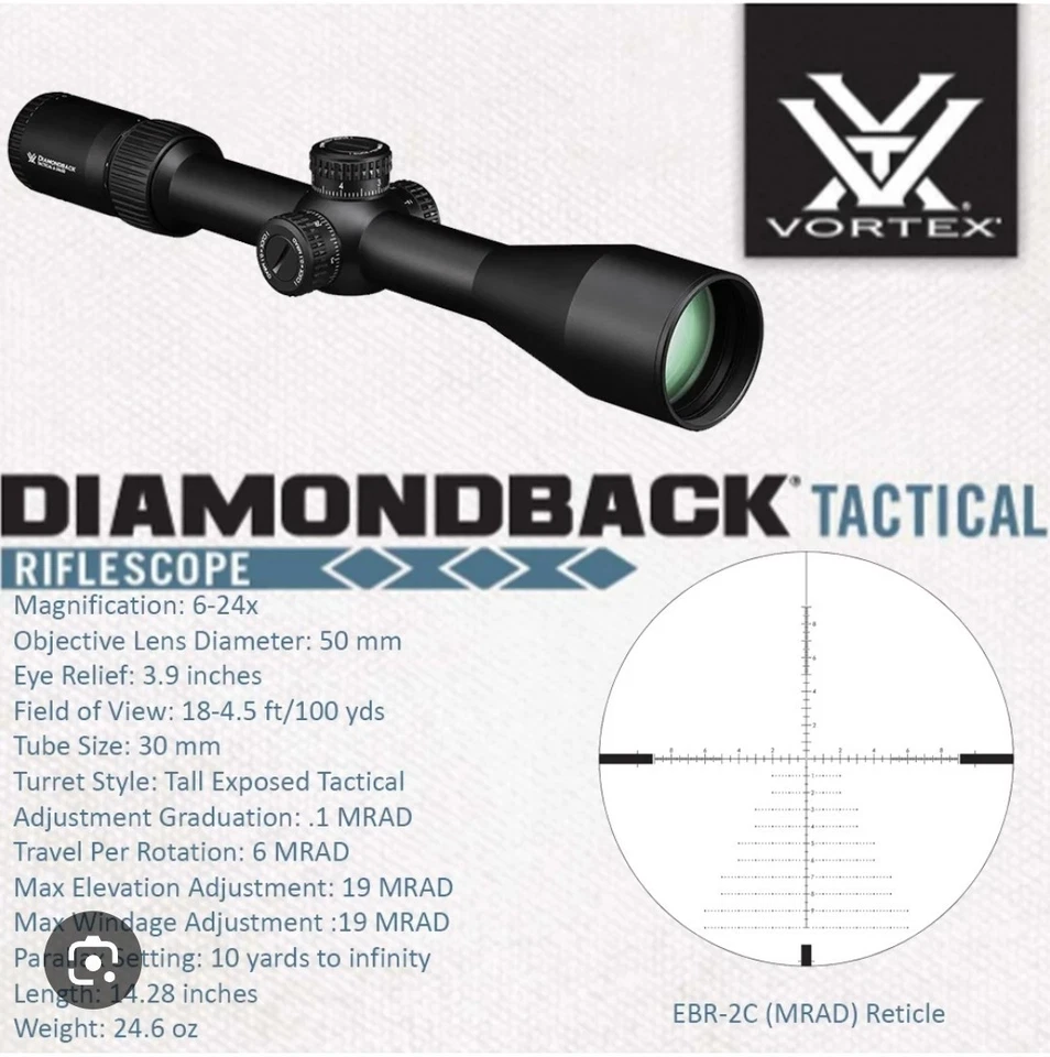 Vortex Dbk-10029 Diamondback Tactical 6-24x50 FFP Ebr-2c Reticle 30mm