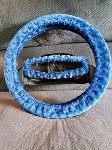 BLUE DIMPLE MINKY STEERING WHEEL & REAR VIEW MIRROR SET - Picture 1 of 1