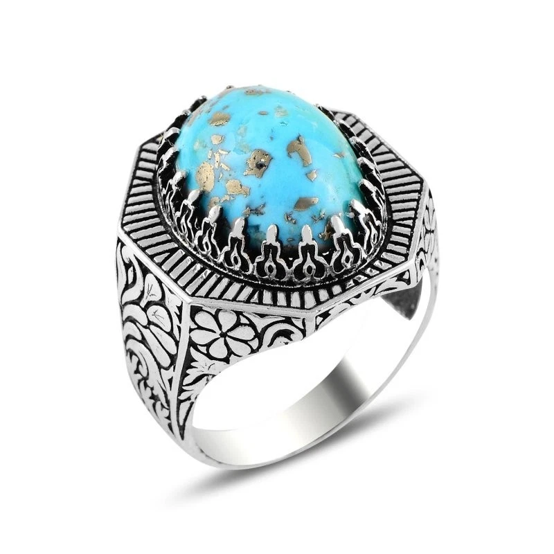 Herrenring 925 Silber mit Blau Kupfer- Türkis natürllicher Edelstein Herren Ring - Bild 1 von 1