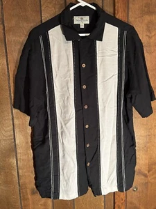 ISLAND SHORES Men’s Hawaiian Short Sleeve Silk SHIRT Large Black White Beach - Picture 1 of 6
