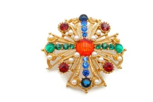 Vintage Brosche Anstecknadel goldfarben grün rot blau Strass Gripoix - Bild 1 von 9