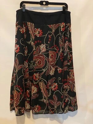 JM Collection 14 Black Red Paisley Elastic Soft Waist Flared Lined Long Skirt - Image 1 of 4