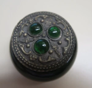 Vecchio Nepal/India Vetro Verde Tavola Tavola Polvere Cassetto Portabevande Argento + Coperchio - Foto 1 di 11