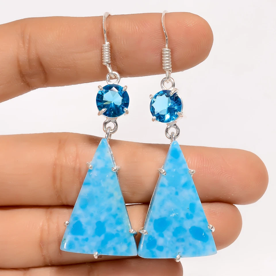 Pendientes colgantes Larimar piedras preciosas joyería de moda plata 925 2,3" ARE-4085 Foto 1 de 1
