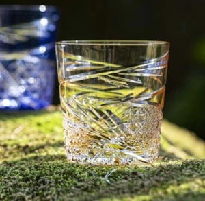 * KAGAMI Crystal Edo Kiriko Whisky Glass Yellow with Wooden Box Hand Japan - Picture 1 of 3