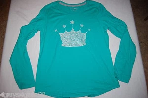 Girls L/S Tee Shirt TEAL Sea Green CROWN Jewels SPARKLE SHINE Round Hem XL 14-16 - Picture 1 of 1