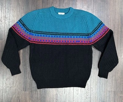 VTG Gap Men's 100% Wool Chunky Knit Sweater Pullover Blue/Teal/Black/Red • L - Image 1 of 4