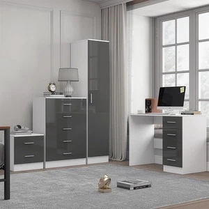 REFLECT Grey/White High Gloss - 1 Door Wardrobe Chest Bedside Desk Bedroom Set - Picture 1 of 11