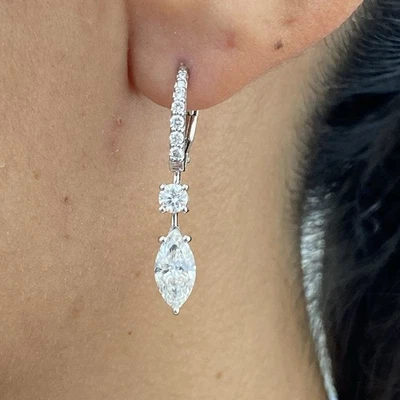Diamond Earrings Round & Marquise Hoop 1.87Ct E-F VS1 Lab Created 14k White Gold - Image 1 of 4