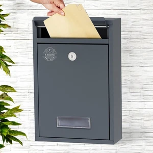 POST BOX LARGE LETTER MAILBOX STEEL LOCKABLE OUTDOOR WALL MOUNTED WITH KEYS GREY - Picture 1 of 8