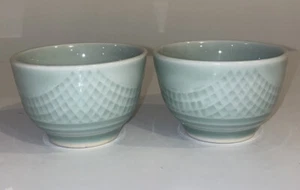 CHINESE CARVED DIAMOND CELADON JADEITE BOWLS OR CUPS 2 ANTIQUE MADE IN CHINA - Picture 1 of 6