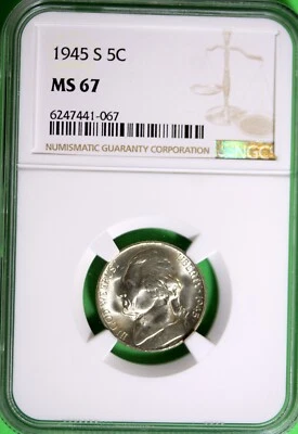 1945 - S NGC MS67 JEFERSON NICKEL!!  #B27266 - Image 1 of 2