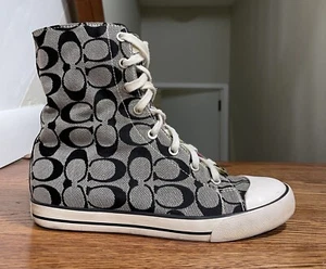 COACH BONNEY SIGNATURE CANVAS TWILL GRAY AND BLACK SNEAKERS WOMENS 7.5 - Picture 1 of 14