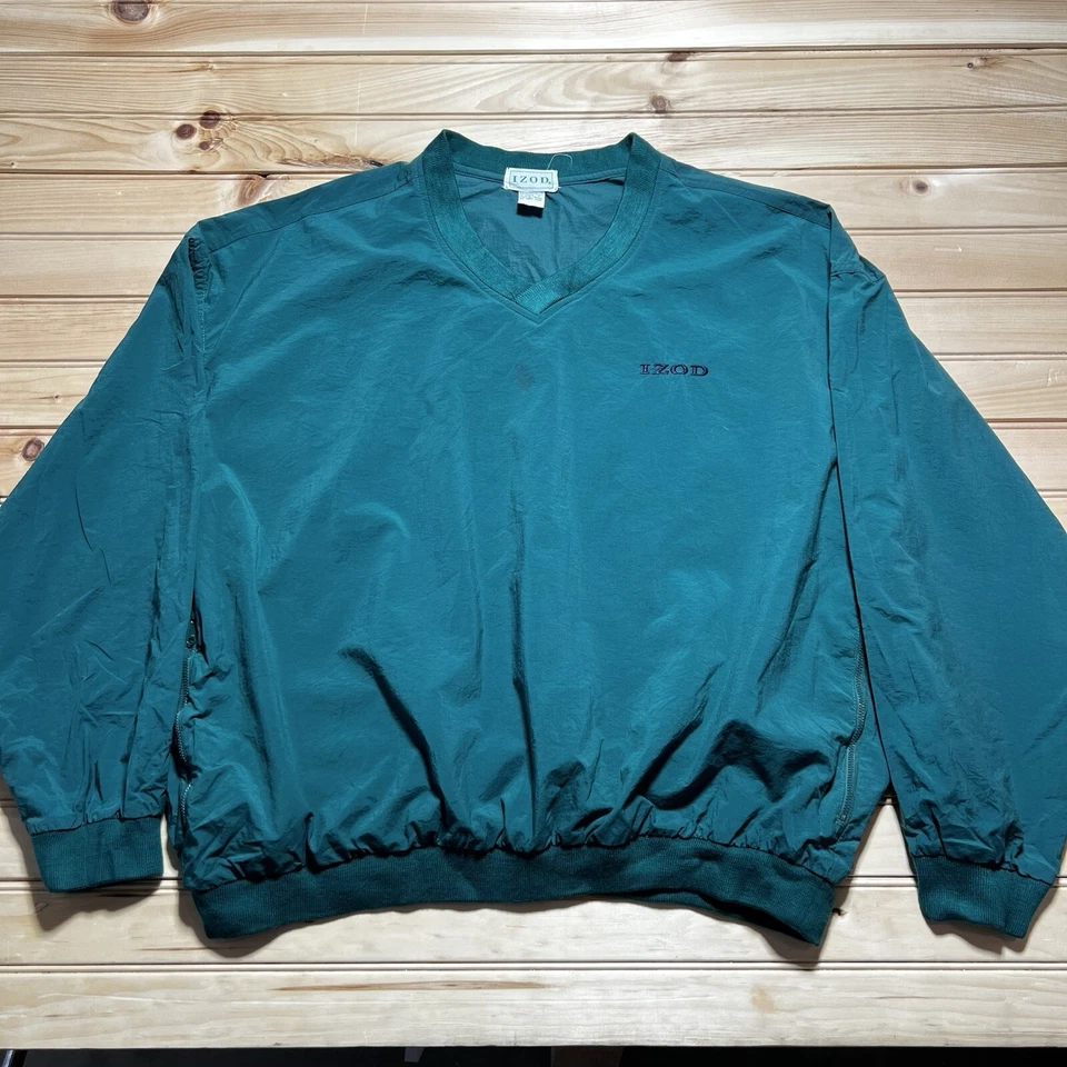Vintage Izod Pullover Men’s Large Green V Neck Windbreaker Golf Jacket Packable - Image 1 of 4