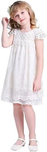 Bow Dream Vintage Rustic Baptism Lace Flower Girl's Dress, Ivory, 5 - Picture 1 of 3