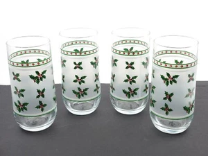 SET OF 4 Glass HOLIDAY CHRISTMAS HOLLY BERRY FROSTED Tumblers - Picture 1 of 5