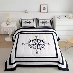 Compass Bedding Set Queen Size Nautical Themed Ocean Coastal Comforter Duvet Set - Picture 1 of 11