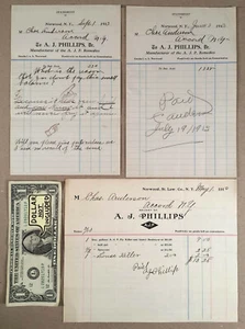 Norwood NY: 1913 A.J. PHILLIPS A.J.P. REMEMDIES Billhead and Statements Lot - Imagen 1 de 1