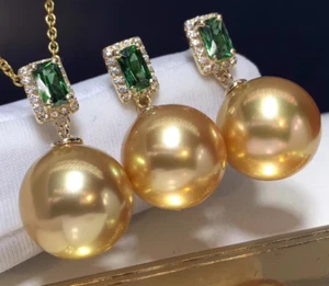 huge AAAA 16mm Round gold South Sea Shell Pearl pendant 14mm earrings S925 - Picture 1 of 4